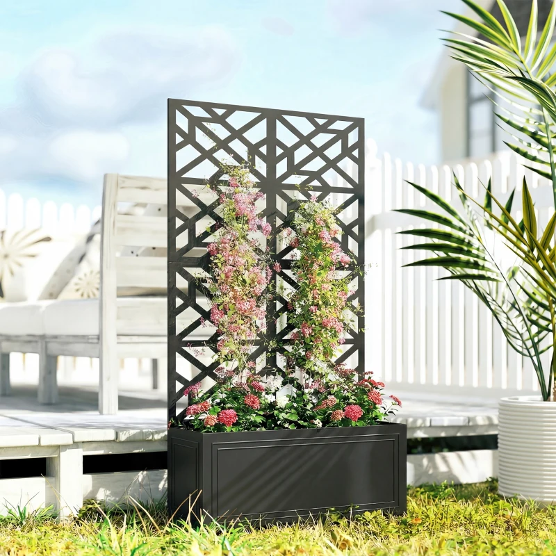 Outsunny Metal Raised Garden Bed with Trellis for Climbing Plants, Freestanding or Wall Mounted Flower Bed with Privacy Panel