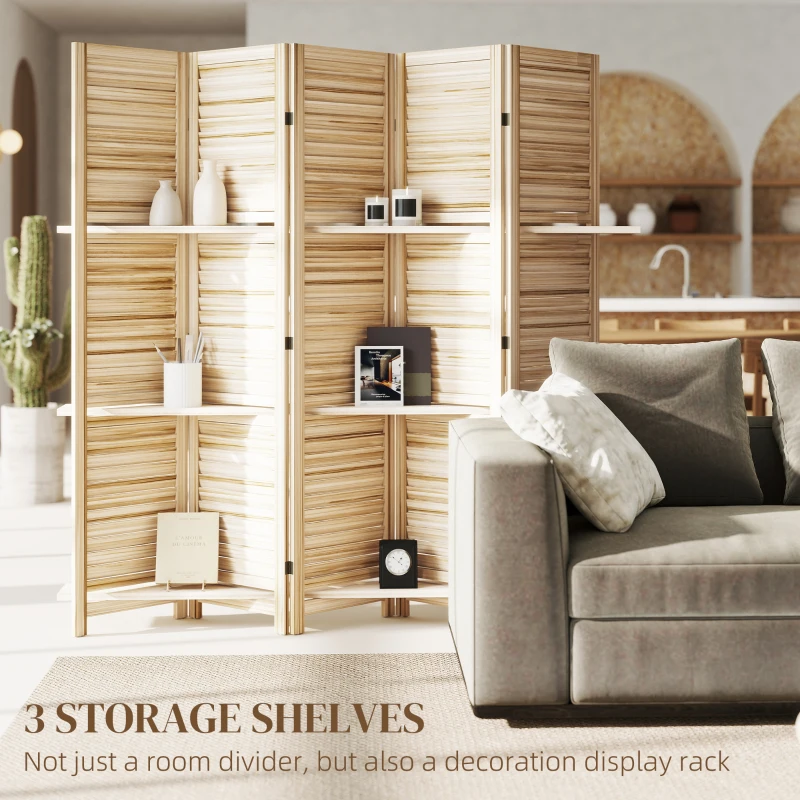 HOMCOM 5 Panel 67" Tall Wood Privacy Screen Room Divider with 3 Shelves and Folding Storage for Bedroom, Natural Wood