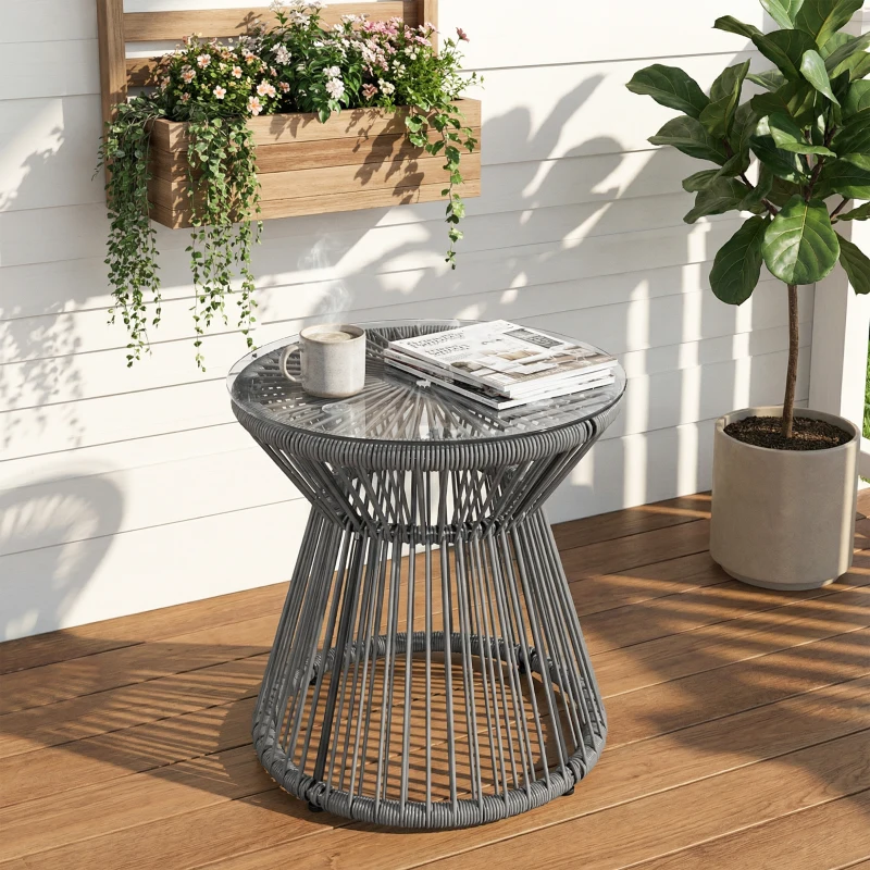 Outsunny Round End Table, Rattan Side Table, Hollow Drum Design Coffee Table w/ Glass Top for Patio, Garden, Balcony, Dark Grey