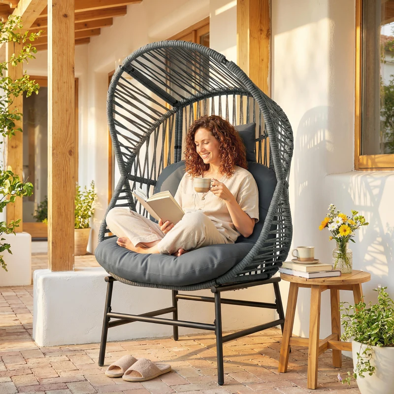 Outsunny Wicker Egg Chair, 330 lbs Outdoor Rattan Lounge Chair with Thick Cushion, Headrest, Steel Frame, Dark Grey