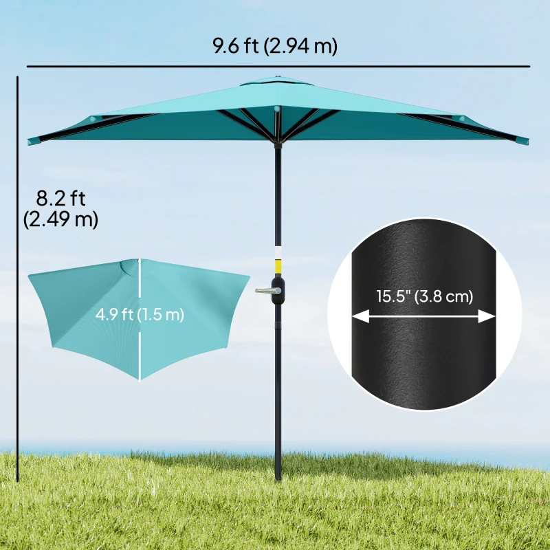 Outsunny 9.8ft Half Umbrella Semi Round Patio Parasol with Crank Handle, Top Vent for Garden, Balcony- NO BASE INCLUDED, Light Blue