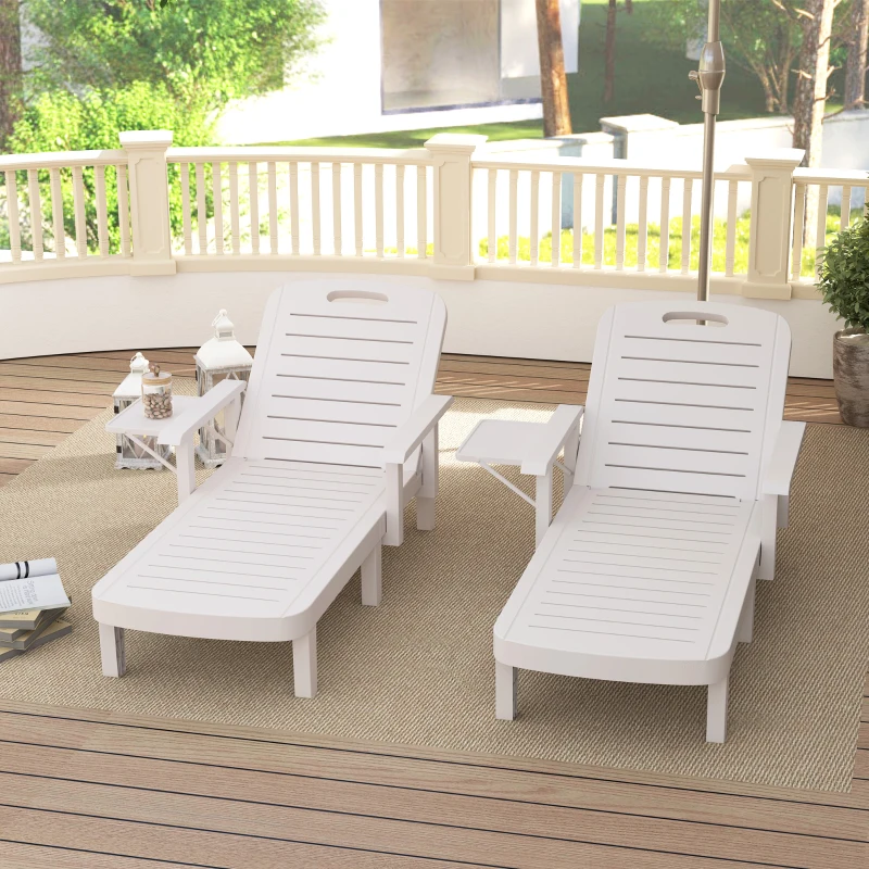 Outsunny Set of 2 Tanning Chair, 5 Positions Adjustable Outdoor Lounge Chairs with Foldable Side Table, White