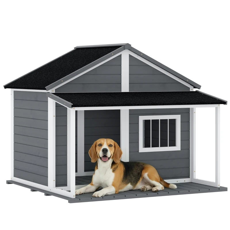 PawHut Outdoor Cabin Style Dog House, Medium Dogs, 53 lbs, Gray
