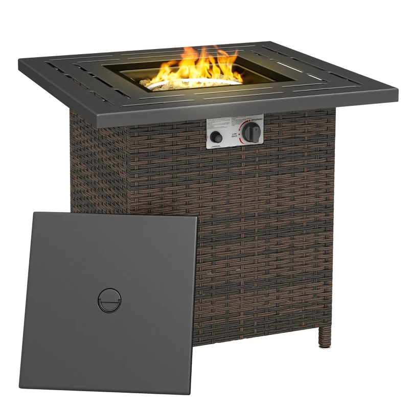 Outsunny Propane Fire Pit Table, 28 Inch 40,000 BTU Square Rattan Fire Table with Lava Rock, Pulse-Ignition Wicker Gas Fire Pit