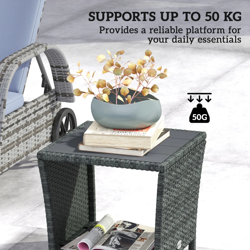 Outsunny 17.7" Wicker Side Table with Storage Shelf, Square PE Rattan Outdoor End Table with PS Wood Slat Top, Grey