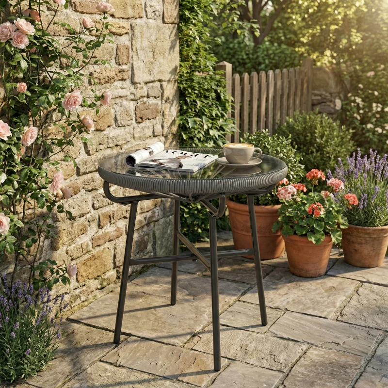 Outsunny Rattan Side Table, Round Outdoor Table, with Round PE Rattan and Tempered Glass Table Top for Patio, Garden, Dark Grey