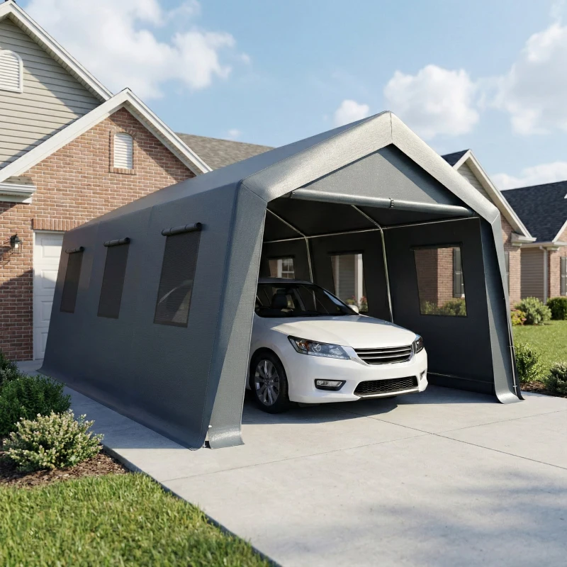 Outsunny 20 x 13 ft Carport, Portable Garage with Roll-Up Door and Windows, PE Canopy, Steel Frame, Dark Grey