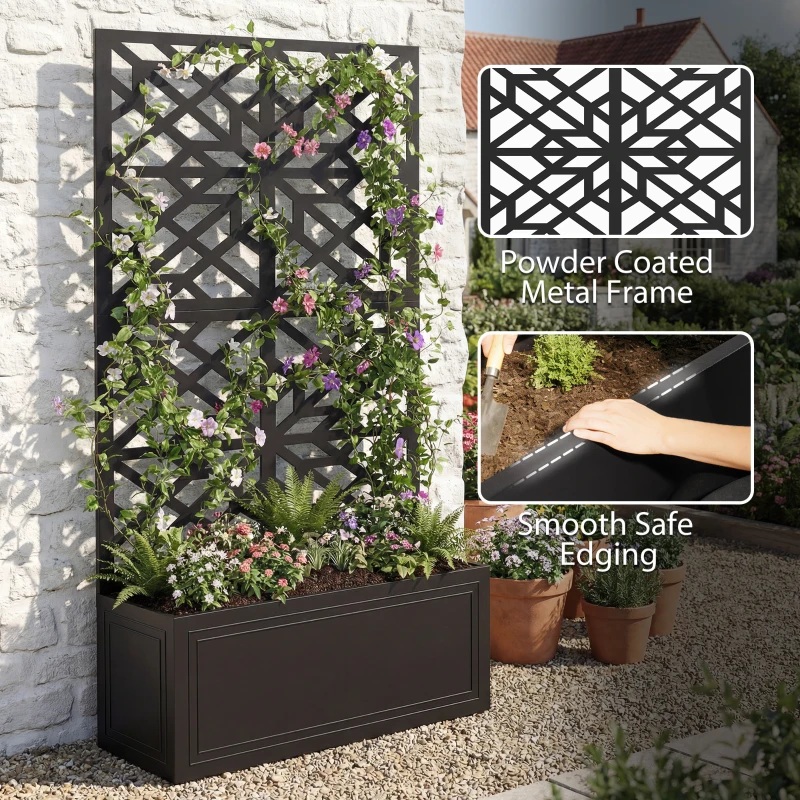 Outsunny Metal Raised Garden Bed with Trellis for Climbing Plants, Freestanding or Wall Mounted Flower Bed with Privacy Panel