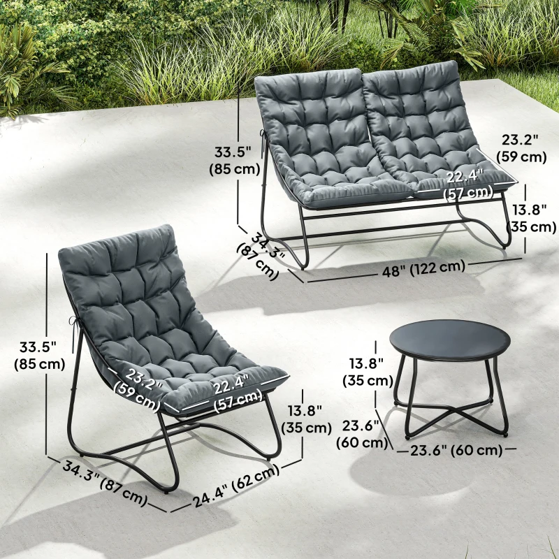 Outsunny 4 Piece Patio Furniture Set, Outdoor Furniture Conversation Set with Loveseat, Chairs Round Metal Table, Cushions, Grey