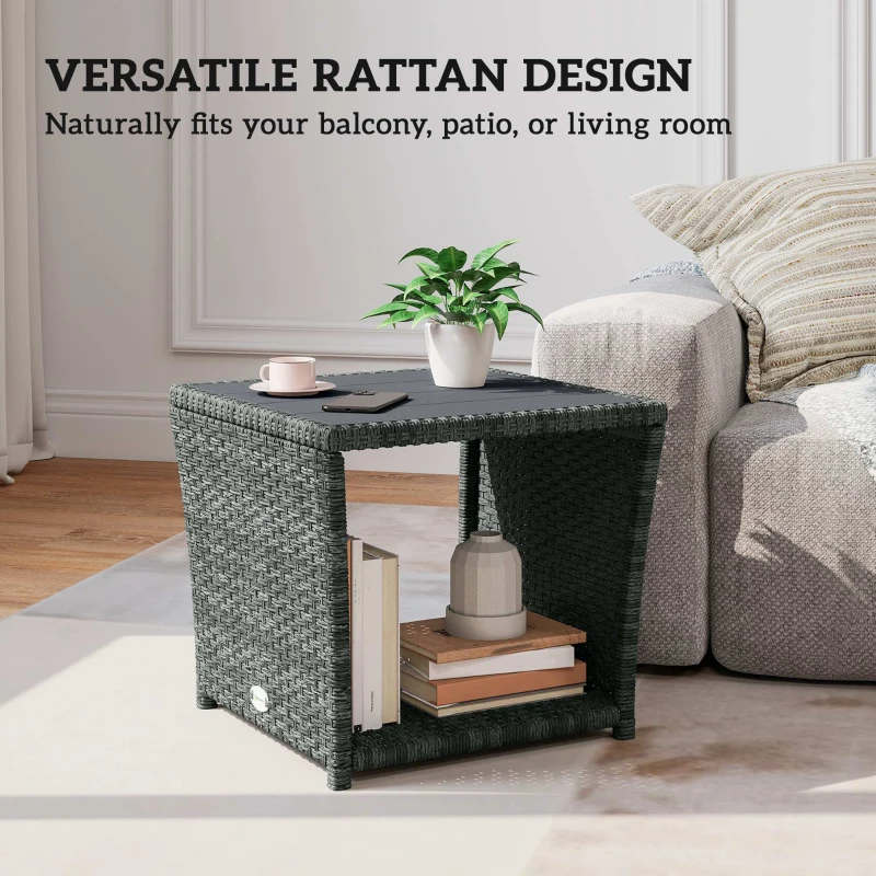 Outsunny 17.7" Wicker Side Table with Storage Shelf, Square PE Rattan Outdoor End Table with PS Wood Slat Top, Grey