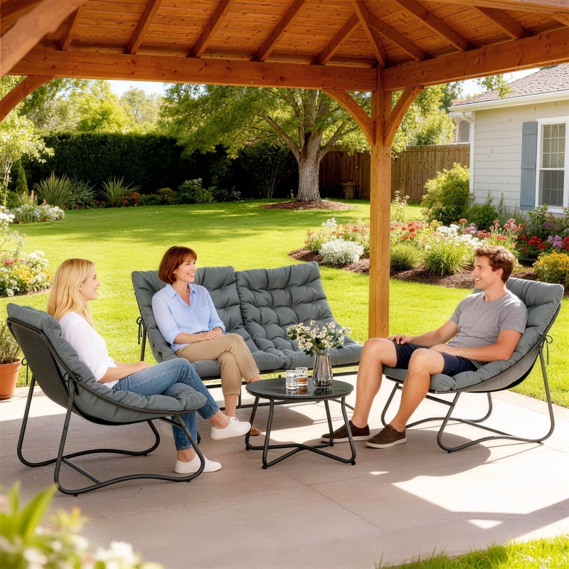 Outsunny 4 Piece Patio Furniture Set, Outdoor Furniture Conversation Set with Loveseat, Chairs Round Metal Table, Cushions, Grey
