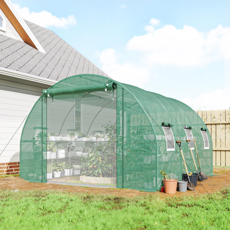 Outsunny 10'x11'x6' Walk-in Tunnel Greenhouse with Shelves, Mesh Door and Windows, Hoop House Greenhouse with PE Cover, Green