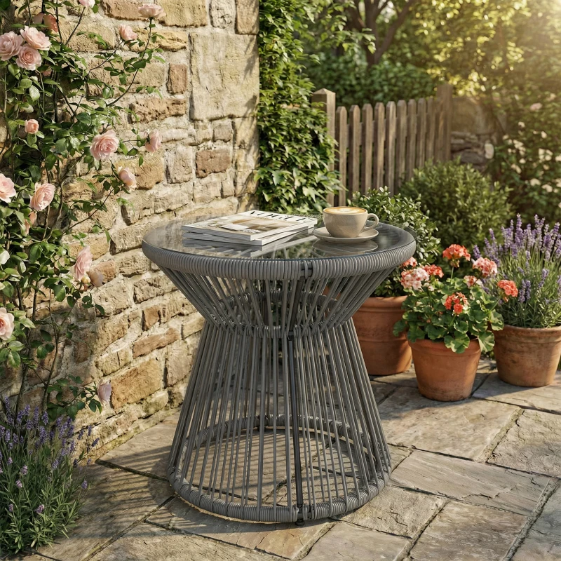 Outsunny Round End Table, Rattan Side Table, Hollow Drum Design Coffee Table w/ Glass Top for Patio, Garden, Balcony, Dark Grey