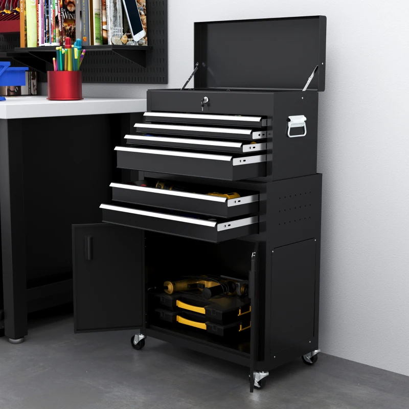 HOMCOM 6-Drawer Rolling Tool Chest, 2 in 1 Lockable Storage Cabinet with Hooks, Metal Tool Box for Garage, Workshop, Black