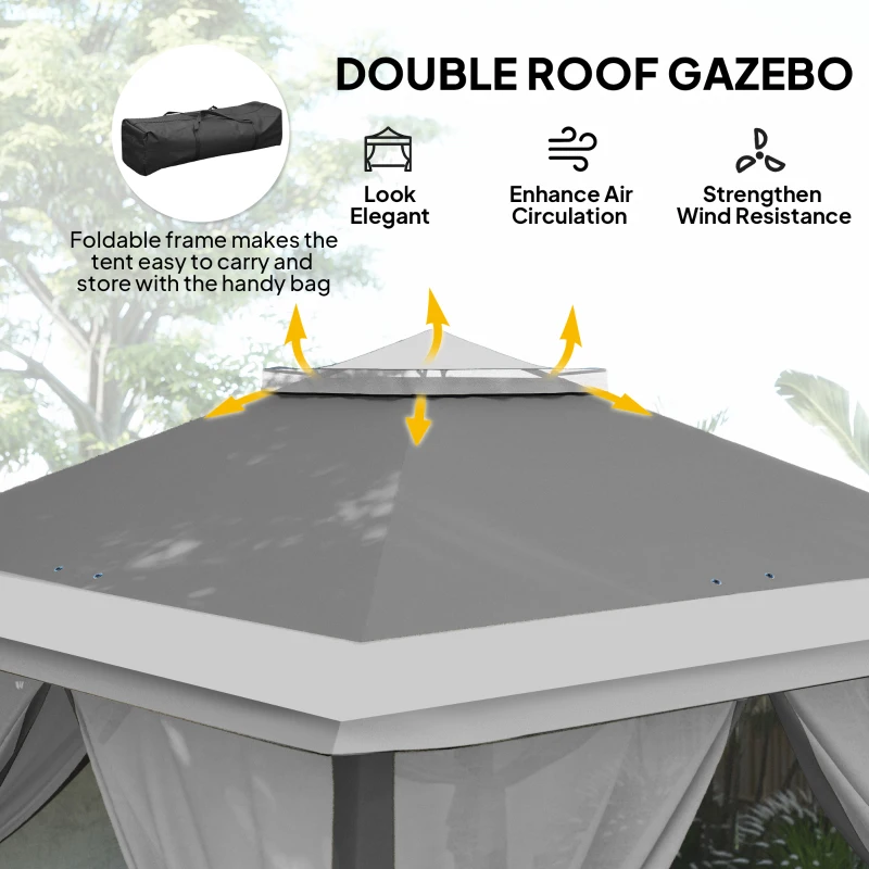Outsunny 11' x 11' Pop Up Gazebo, Double Roof Foldable Height Adjustable Canopy Tent with Mesh Sidewalls, Carrying Bag, Dark Grey
