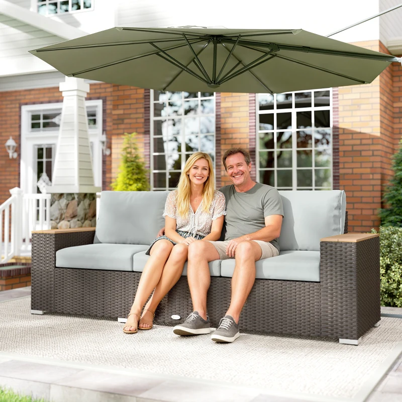 Outsunny 3-Seater Outdoor Sofa Couch, Wicker Patio Sofa with Wood Effect Armrests and Thick Cushions, Grey