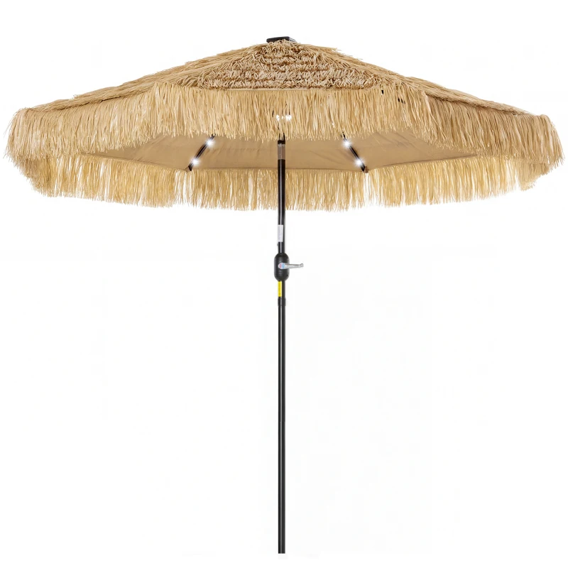 Outsunny 9 ft Hula Thatched Tiki Patio Umbrella with LED Solar Light, Outdoor Umbrella with Crank, Tilt, UPF30+, Khaki
