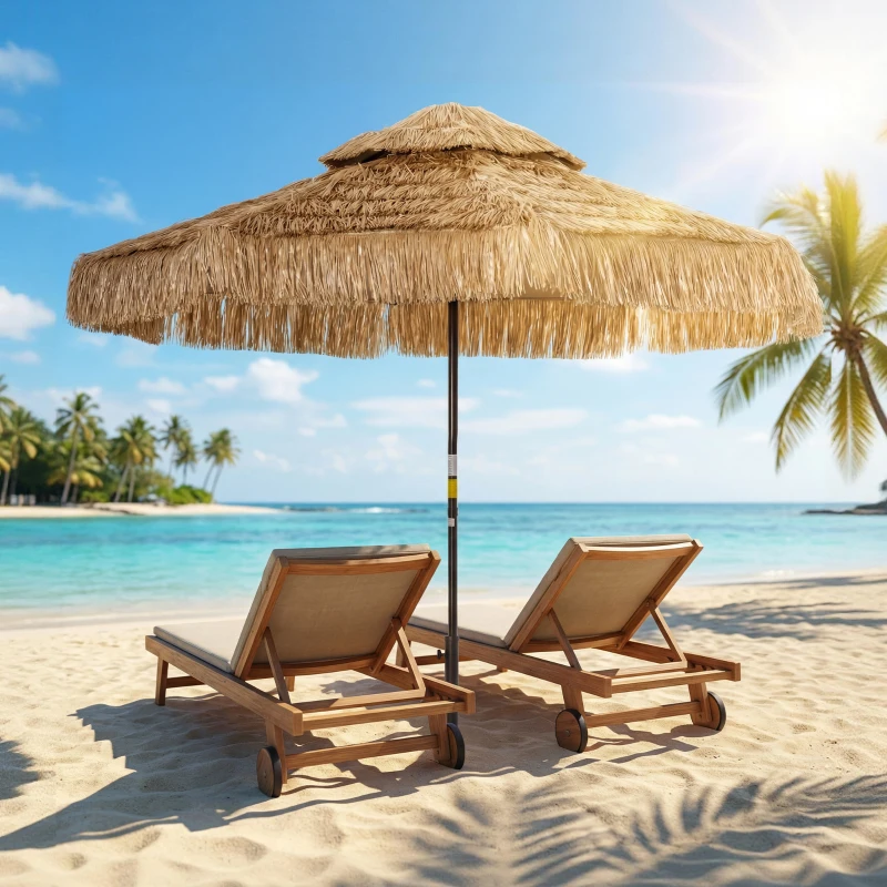 Outsunny 8.5 FT Hula Thatched Tiki Patio Umbrella, 2-Tier Tropical Hawaiian Style Outdoor Umbrella with 8 Ribs, UPF30+, Khaki