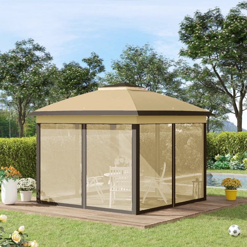 Outsunny 11' x 11' Pop Up Gazebo, Double Roof Foldable Height Adjustable Canopy Tent with Mesh Sidewalls, Carrying Bag, Beige
