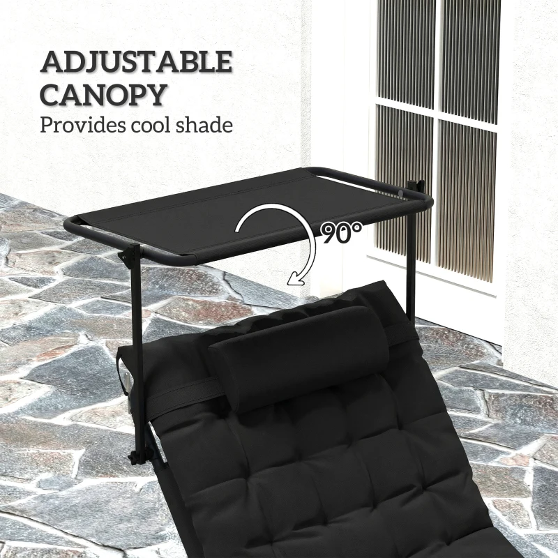 Outsunny Folding Lounge Chair with Adjustable Canopy, 4-Position Outdoor Tanning Chair with Headrest, Black