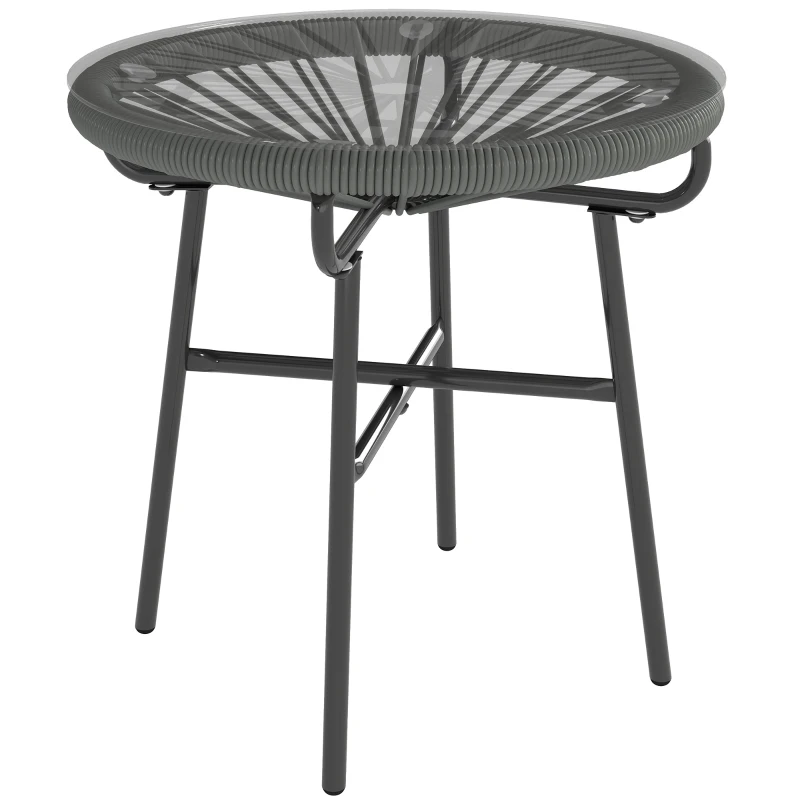 Outsunny Rattan Side Table, Round Outdoor Table, with Round PE Rattan and Tempered Glass Table Top for Patio, Garden, Dark Grey