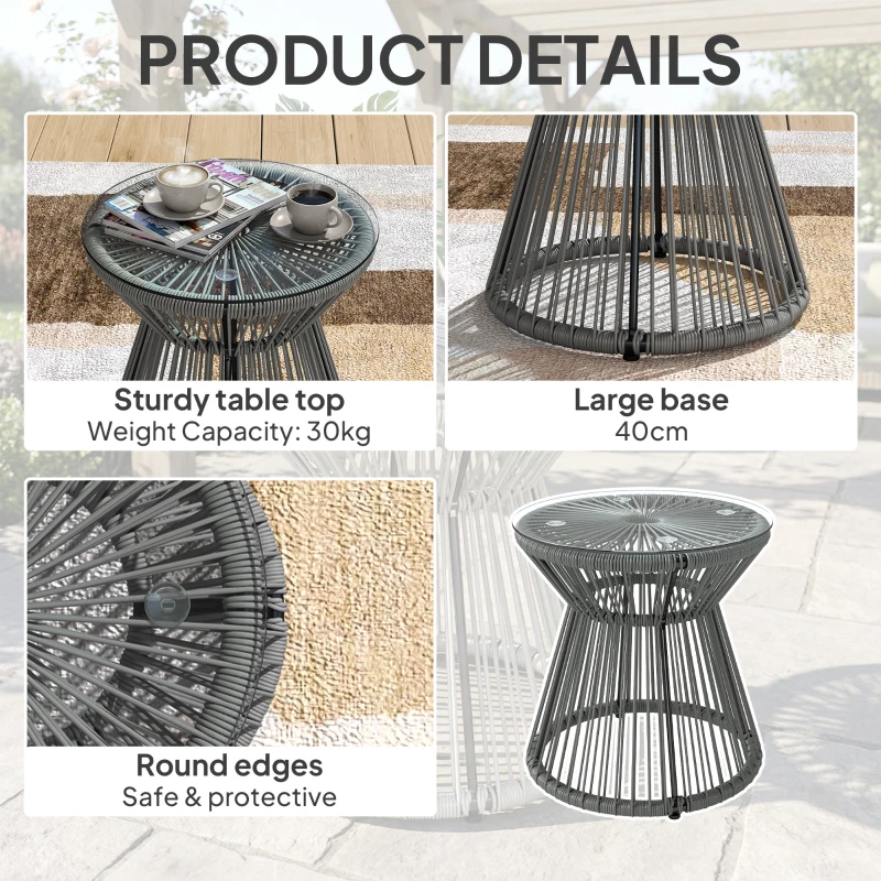 Outsunny Round End Table, Rattan Side Table, Hollow Drum Design Coffee Table w/ Glass Top for Patio, Garden, Balcony, Dark Grey