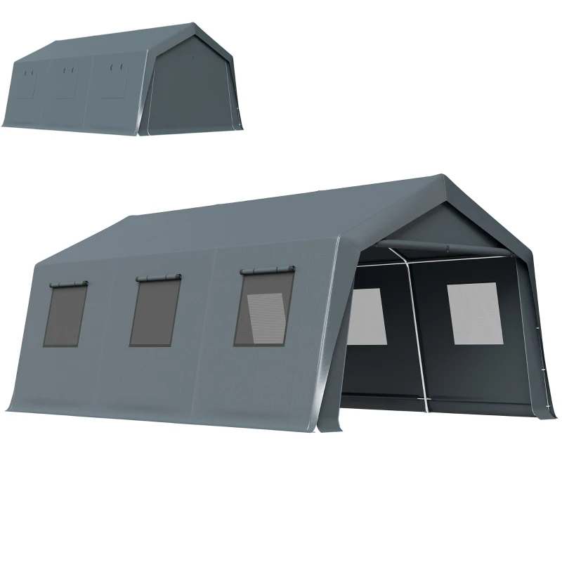 Outsunny 20 x 13 ft Carport, Portable Garage with Roll-Up Door and Windows, PE Canopy, Steel Frame, Dark Grey