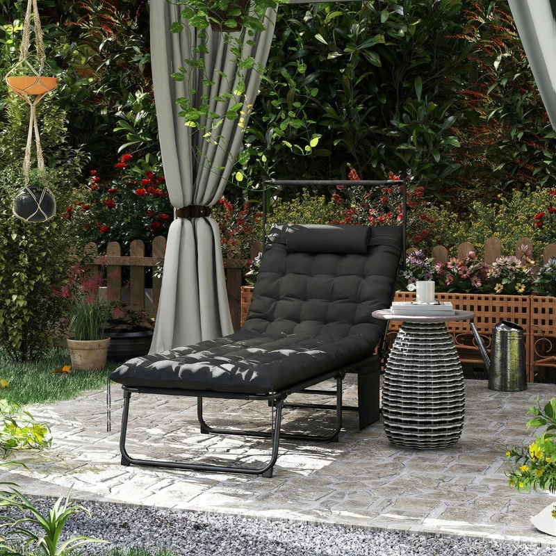 Outsunny Folding Lounge Chair with Adjustable Canopy, 4-Position Outdoor Tanning Chair with Headrest, Black