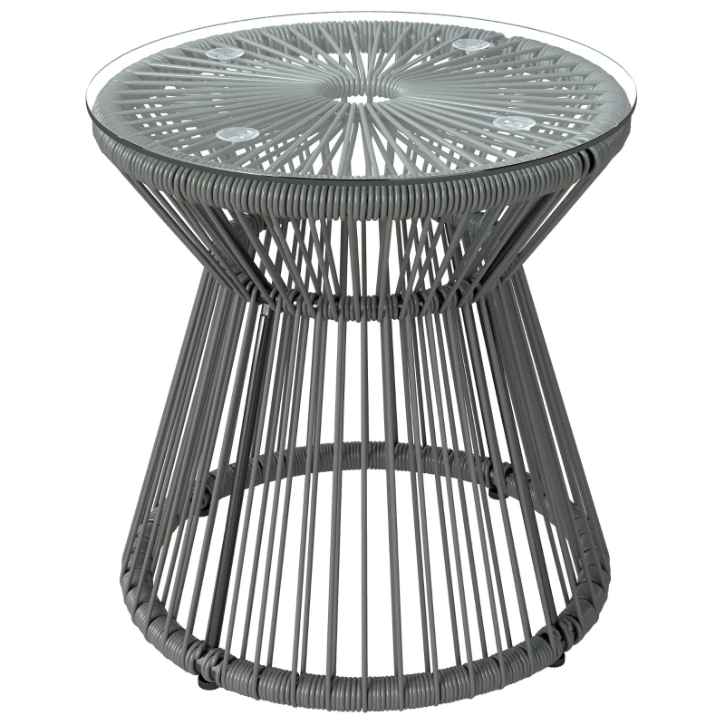 Outsunny Round End Table, Rattan Side Table, Hollow Drum Design Coffee Table w/ Glass Top for Patio, Garden, Balcony, Dark Grey