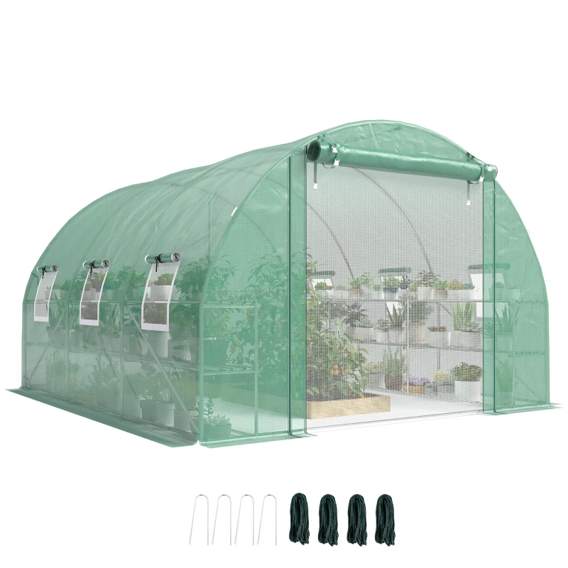 Outsunny 10'x11'x6' Walk-in Tunnel Greenhouse with Shelves, Mesh Door and Windows, Hoop House Greenhouse with PE Cover, Green