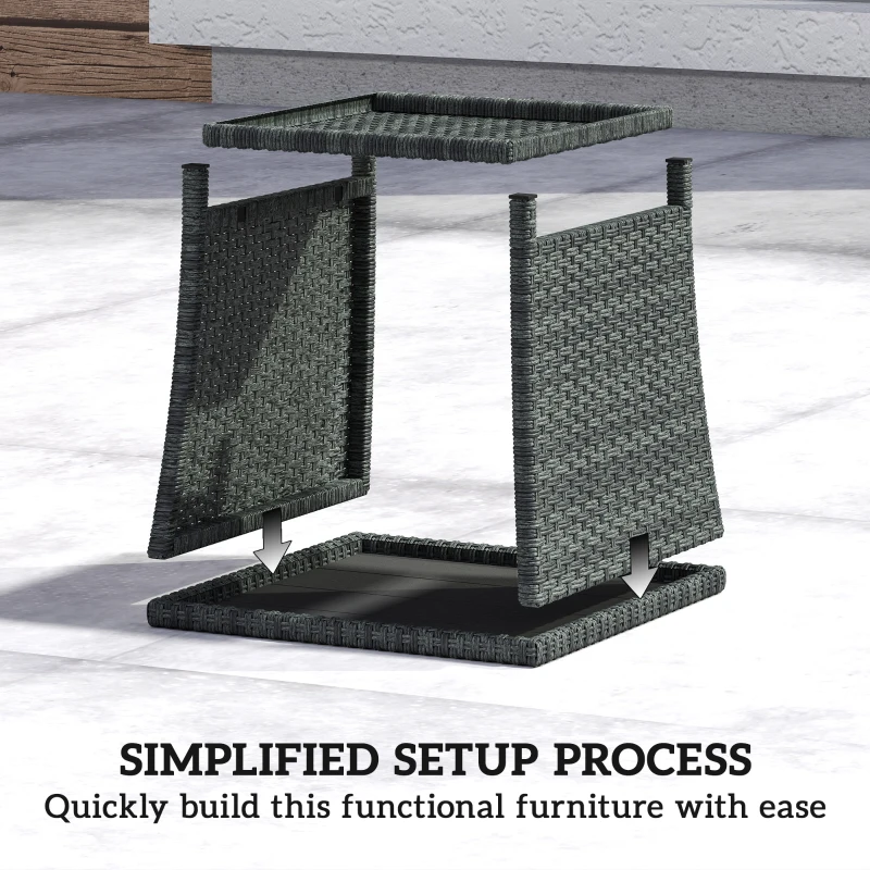 Outsunny 17.7" Wicker Side Table with Storage Shelf, Square PE Rattan Outdoor End Table with PS Wood Slat Top, Grey