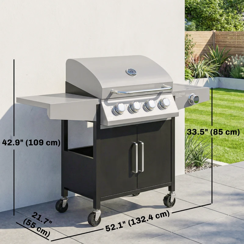 Outsunny 4+1 Burner Liquid Propane Gas Grill, Outdoor Portable BBQ Grill with Side Burner, Warming Rack, Side Shelf