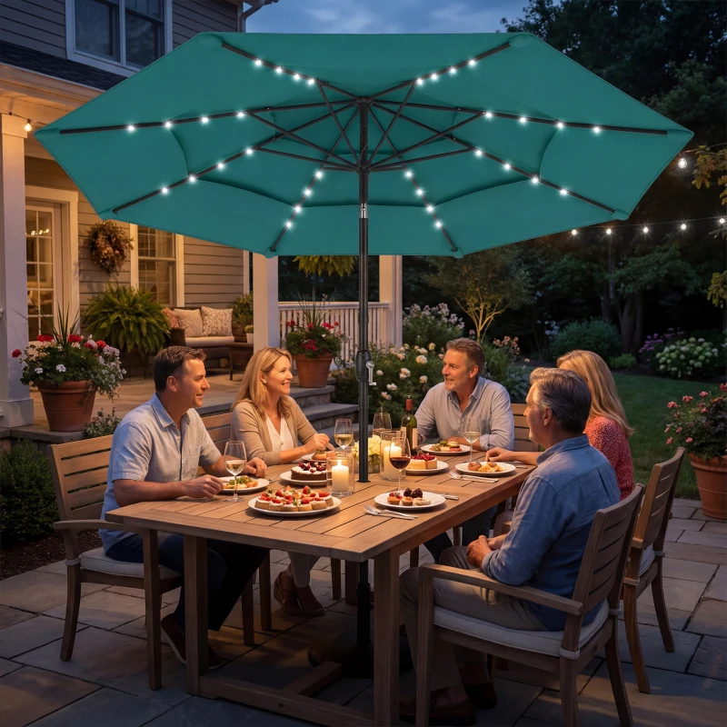 Outsunny 9.7 ft Outdoor Patio Umbrella with Solar LED Lights, 3 Tier Outdoor Table Umbrella with Tilt, Crank, Teal