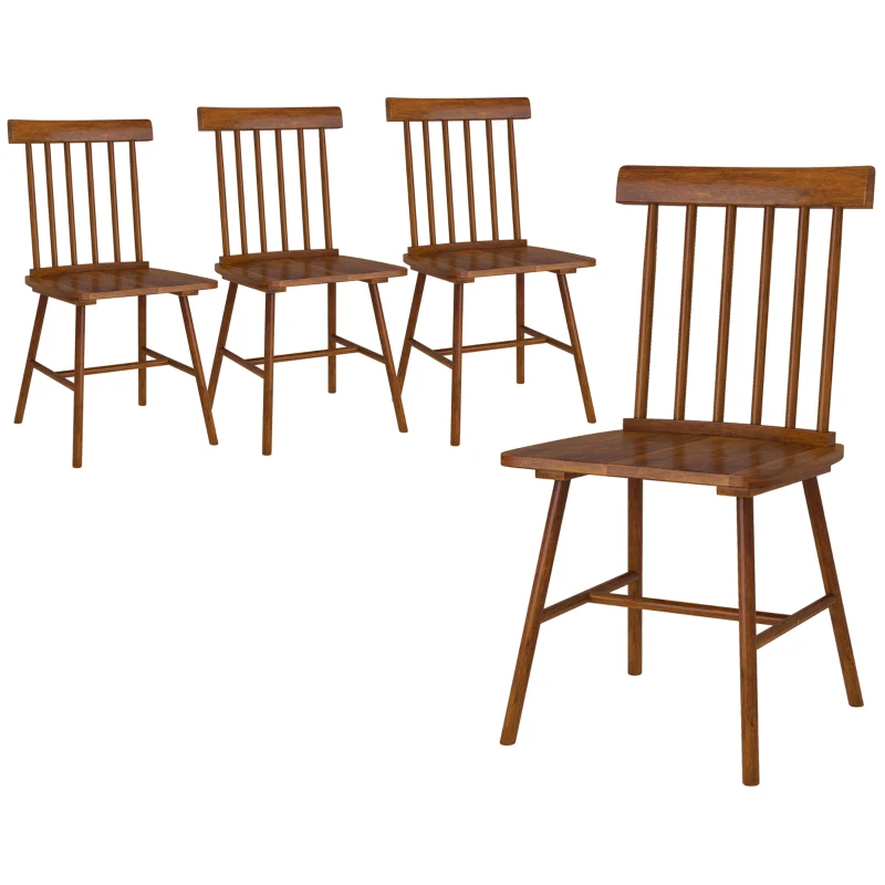 HOMCOM Dining Chairs Set of 4, Farmhouse Wood Kitchen Chairs with Rubber Wood Frame, Spindle Back for Dining Room, Light Brown