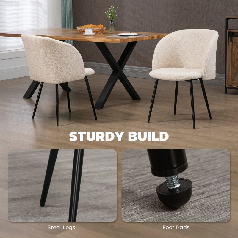 HOMCOM Dining Chairs Set of 2, Sherpa Fleece Upholstered Kitchen Chairs with Backrest and Steel Legs, Cream White