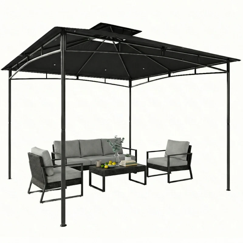 Outsunny 10' x 10' Gazebo, Soft Top Outdoor Gazebo with 2-Tier Roof, Metal Frame, Black