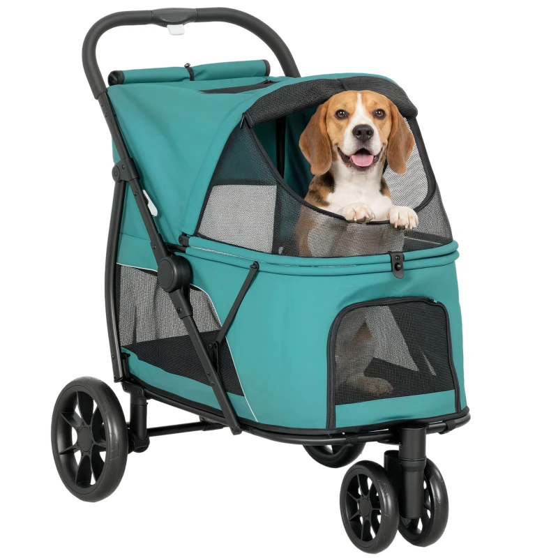 PawHut 3 Wheel Pet Stroller with Easy One-Click Quick Fold, Mesh Window, Washable Cushion, for Medium Dogs, Dark Green