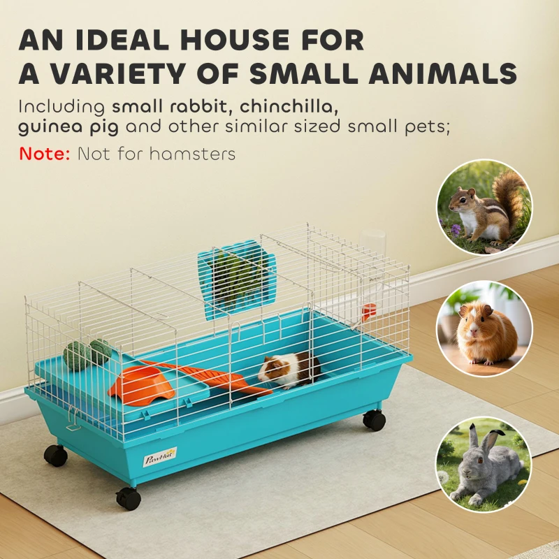 PawHut 35"L Small Animal Cage, Rolling Bunny Cage, Guinea Pig Cage with Wheels, Food Dish, Water Bottle, Hay Feeder, Blue