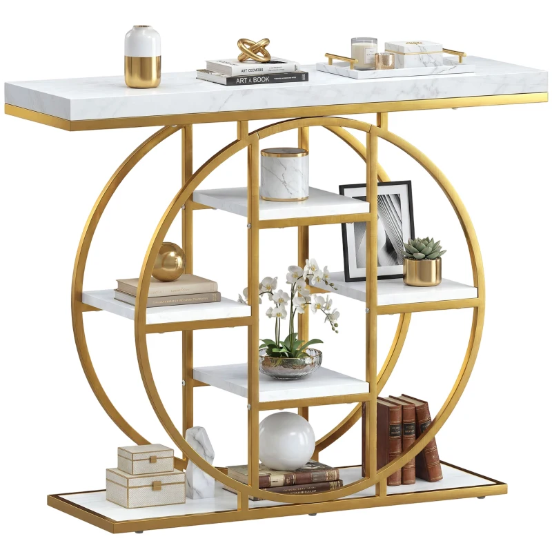 HOMCOM 39.4" Console Table with Storage Shelves, Industrial Sofa Table for Living Room, Hallway, White Marble Effect