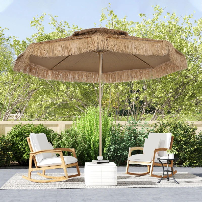 Outsunny 10 ft. Hula Thatched Tiki Patio Outdoor Umbrella with 8 Ribs, UPF30+, for Garden, Backyard, Deck, Pool, Natural