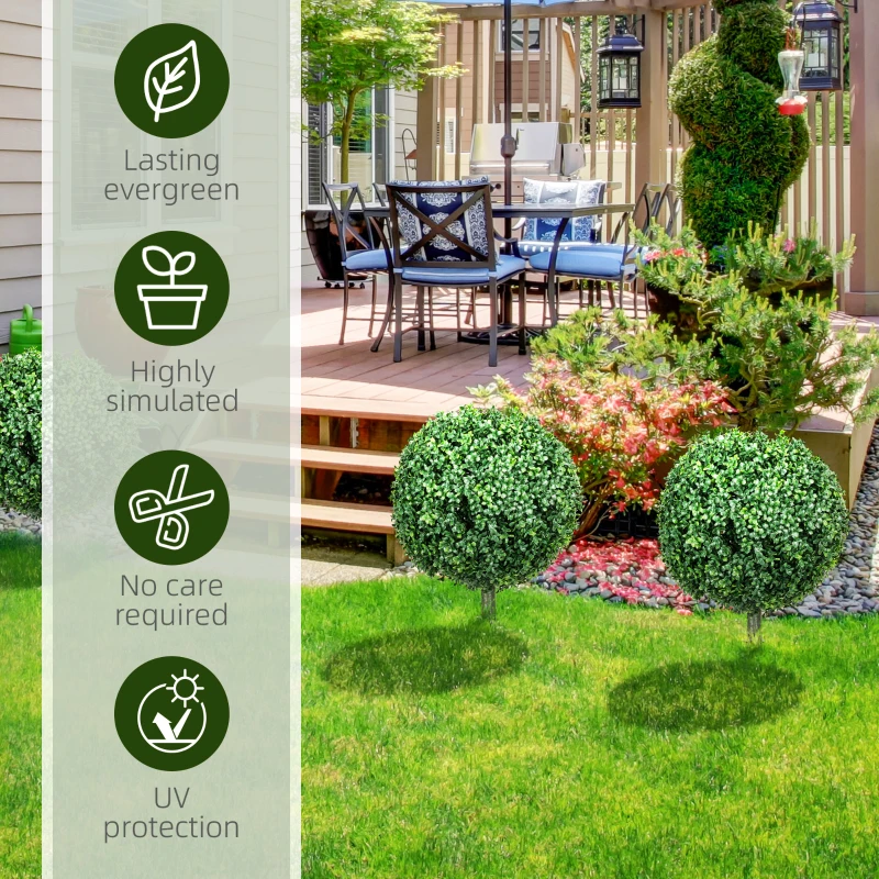HOMCOM Artificial Boxwood Trees w/ Ground Stake, Set of 2 Ball Shaped Topiary Trees for Home Office & Living Room, UV Resistant