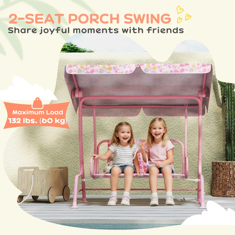 Qaba Kids Patio Swing, 2-Seater Outdoor Porch Swing with Safety Belt and Adjustable Canopy for Backyard Garden, Pink