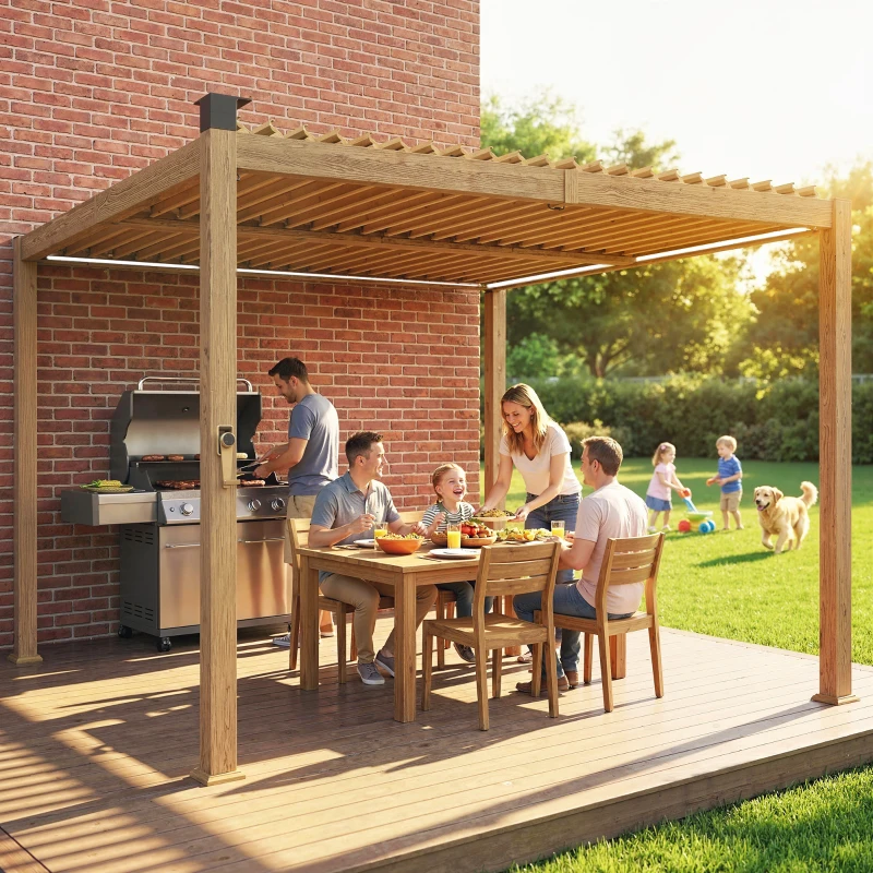 Outsunny 10' x 10' Louvered Pergola with Solar LED lights, Metal Roof, Outdoor Pergola Patio Gazebo with Drainage Gutters, Brown