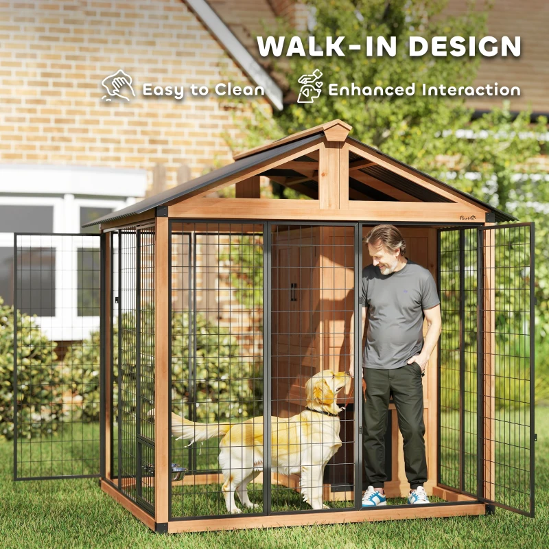 PawHut 86" L Dog House Outdoor, Wooden Dog Kennel with Storage Cabinet, Stainless Steel Bowls for Large Breeds, Yellow