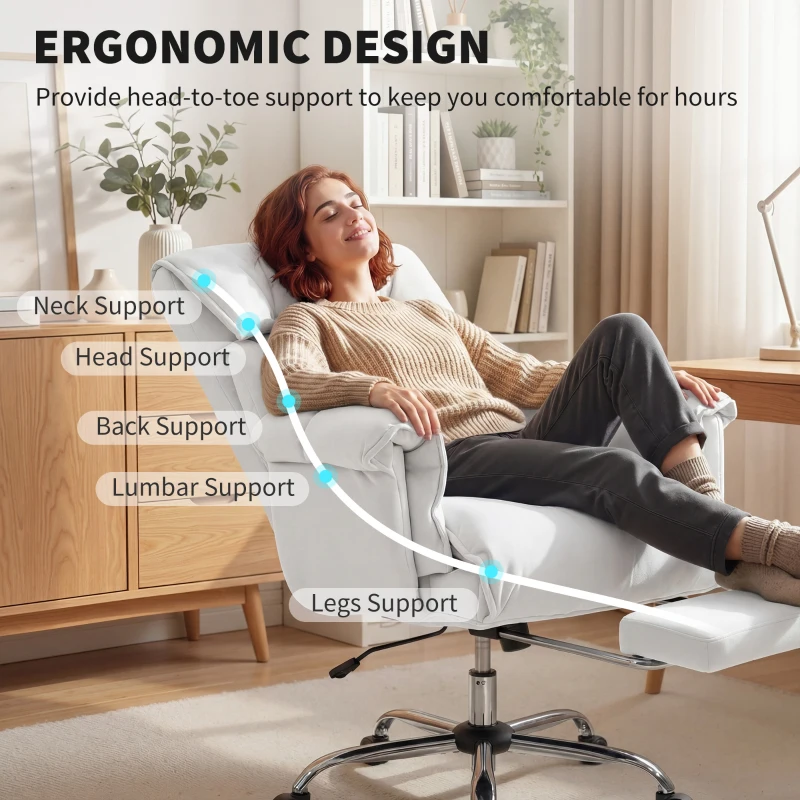 HOMCOM High Back Office Chair, Reclining Desk Chair with Footrest, High Resilience Foam, Rolling Wheels, Cream White