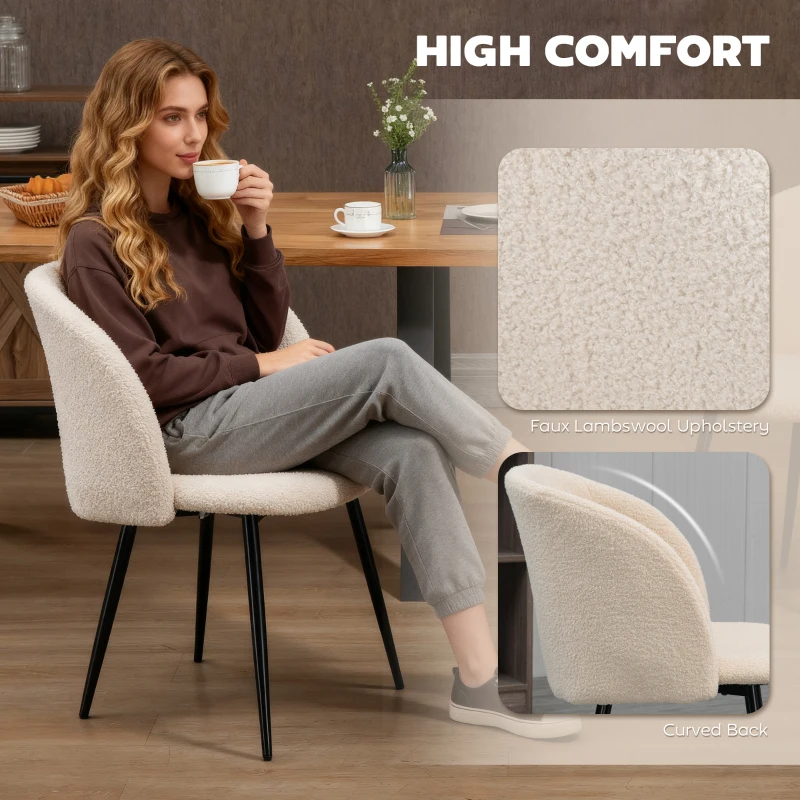 HOMCOM Dining Chairs Set of 2, Sherpa Fleece Upholstered Kitchen Chairs with Backrest and Steel Legs, Cream White