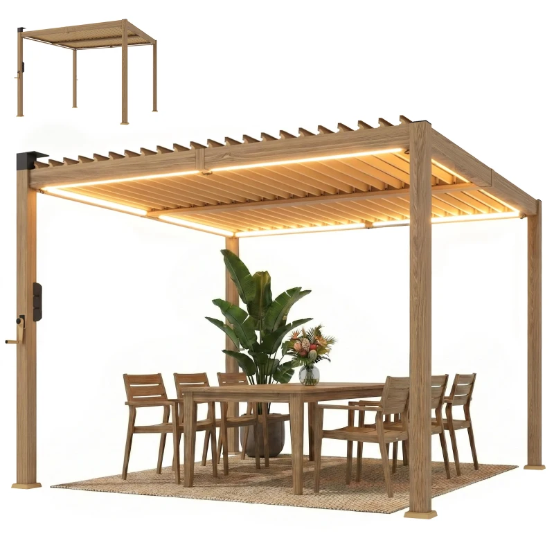 Outsunny 10' x 10' Louvered Pergola with Solar LED lights, Metal Roof, Outdoor Pergola Patio Gazebo with Drainage Gutters, Brown