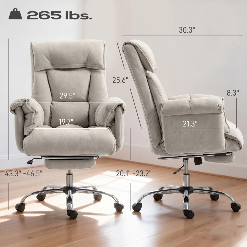 HOMCOM High Back Office Chair, Reclining Desk Chair with Footrest, High Resilience Foam, Rolling Wheels, Light Taupe Gray