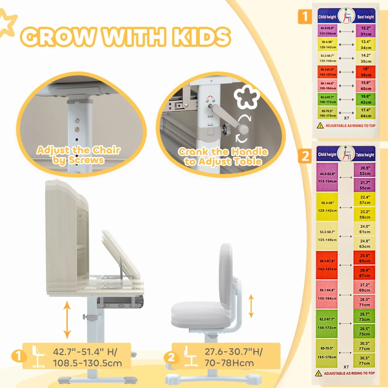 Qaba Kids Study Desk and Chair Set with Adjustable Height, Tiltable Desktop, Hutch and Drawer for Ages 3-12, Gray