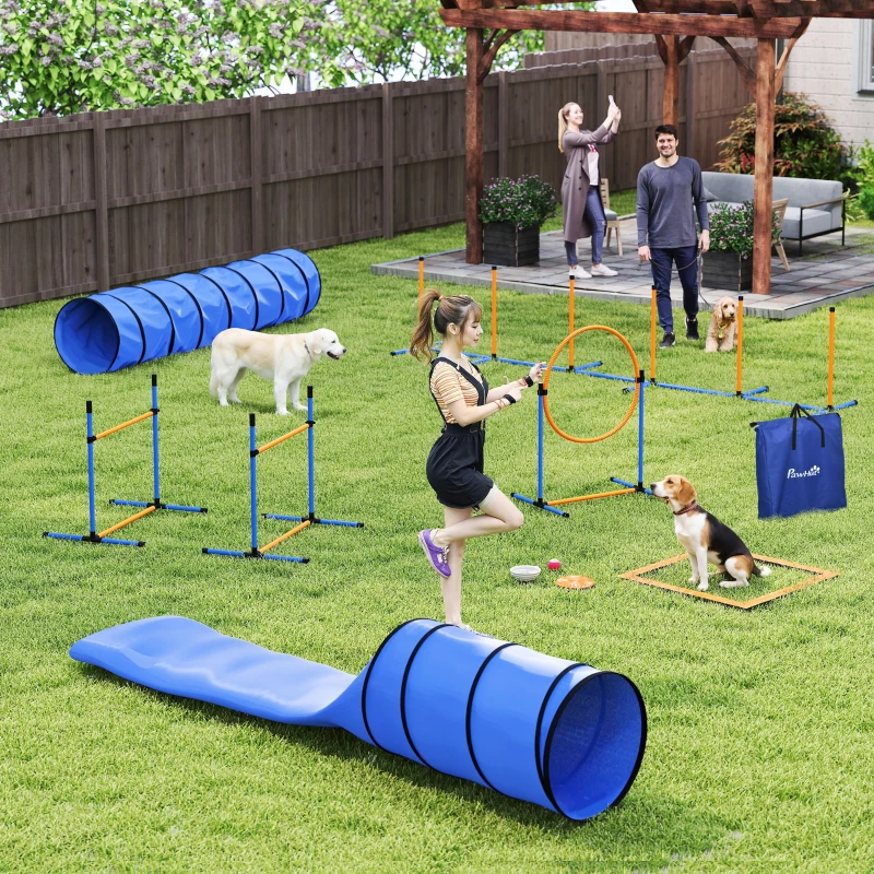 PawHut 11-Piece Dog Agility Training Equipment Set, Pet Obstacle Course with 2 Tunnels, Adjustable Jumps, Orange Blue